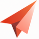 A AI-generated app icon of a playful, cartoon-style paper airplane  in red color and blush color and tangerine orange color and cream beige color color scheme