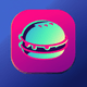 An app icon of  an image of a burger with bordeaux and blue green and cool grey and hot pink scheme color