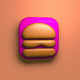 A AI-generated app icon of a burger in saddle brown , plum , olive , light coral color scheme