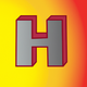 A AI-generated app icon of a letter h in gray color and dark red color and bright yellow color and golden yellow color color scheme