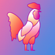 A AI-generated app icon of a rooster in sunglow color and coral pink color and fuchsia color and violet-blue color color scheme