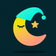 A AI-generated app icon of a sleeping crescent moon with stars in navy color and sunshine yellow color and forest green color and turquoise color color scheme