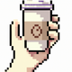 A AI-generated app icon of a hand holding disposable coffee cup in salmon pink color and kelly green color and light green color and teal blue color color scheme