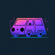 A AI-generated app icon of a van in ebony , indigo , pink , blue color scheme