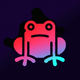 An app icon of  an image of a Frog with jet black and terracotta and dark cyan and deep pink scheme color