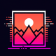 A AI-generated app icon of a frame of a mountain landscape in red color and baby blue color and lime color and green color color scheme