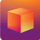 A AI-generated app icon of a cube in orange-yellow color and pale purple color and coral pink color and eggplant color color scheme