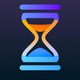 A AI-generated app icon of an hourglass in teal blue color and chartreuse color and burgundy color and olive color color scheme