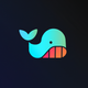 A AI-generated app icon of a whale in blue-violet color and beige color and lime color and hot pink color color scheme