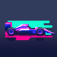 A AI-generated app icon of a race car in pale purple color and tiffany blue color and olive color and sizzling red color color scheme