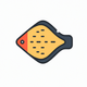 A AI-generated app icon of a flounder in orange color and atomic tangerine color and olive color and baby blue color color scheme