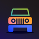 A AI-generated app icon of a jeep in dark pink color and pale yellow color and dark yellow color and bluish gray color color scheme