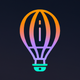 A AI-generated app icon of a hot air balloon in violet-blue color and sage color and azure color and pale purple color color scheme