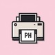 An app icon of  an image of a printer with clear and baby pink and orange and teal scheme color