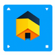 A AI-generated app icon of a monopoly house in pastel orange color and dark yellow color and dark blue color and yellow color color scheme
