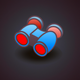 A AI-generated app icon of a minimalist binoculars in vermilion color and steel blue color and chestnut color and pewter color color scheme