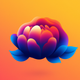 A AI-generated app icon of a peony flower in bright blue color and pinkish-orange color and rich purple color and brown color color scheme