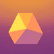An app icon of  an image of a triangle shape with yellow orange and dark purple and honeysuckle and army green scheme color