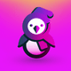 An app icon of  an image of a Penguin with merlot and mauve and light sea green and melon scheme color