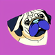 A AI-generated app icon of a pug in black , periwinkle color scheme