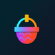 A AI-generated app icon of a fishing basket in sky blue color and indigo color and pink color and orange-red color color scheme