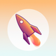 A AI-generated app icon of a cute, cartoon-style rocket ship in saffron color and taupe color and sea green color and berry color color scheme