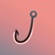 A AI-generated app icon of a fishhook in crimson color and raspberry color and peach color and pink color color scheme
