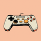 A AI-generated app icon of a game controller in peach , very peri , yellow , plum color scheme