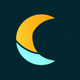 A AI-generated app icon of a sleep crescent moon in blue color and olive color and beige color and red-orange color color scheme