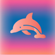 A AI-generated app icon of a dolphin in crimson color and pale purple color and orange color and teal blue color color scheme