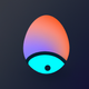 A AI-generated app icon of an egg in blue color and yellow color and pale purple color and seafoam green color color scheme