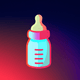 An app icon of  an image of a bottle of baby milk with dark red and taupe and medium turquoise and chestnut scheme color