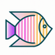A AI-generated app icon of a damselfish in dandelion yellow color and turbo color and baby blue color and pink color color scheme