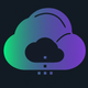 A AI-generated app icon of a cloud with symbols in it in purple color and turquoise color and hot pink color and copper color color scheme