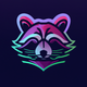 A AI-generated app icon of a raccoon in burgundy color and chartreuse color and navy color and magenta color color scheme