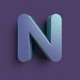 An app icon of  an image of a letter N with lavender and navy blue and cadet blue and dark green scheme color