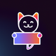 A AI-generated app icon of a cute cat holding a white blank sign in green-yellow color and cyber grape color and salmon pink color and green-blue color color scheme
