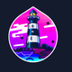A AI-generated app icon of a lighthouse in bright pink color and greenish-blue color and purple color and gray color color scheme