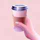 A AI-generated app icon of a hand holding disposable coffee cup in salmon pink color and kelly green color and light green color and teal blue color color scheme