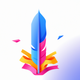 A AI-generated app icon of an ostrich feather quill in blue color and bright yellow color and greyish pink color and pinkish red color color scheme