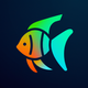 A AI-generated app icon of a angelfish in coral color and lime color and violet-blue color and atomic tangerine color color scheme