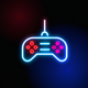 A AI-generated app icon of a game controller in vivid green color and bright green color and dark blue color and bright orange color color scheme
