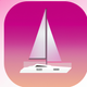 A AI-generated app icon of a yacht in light purple color and pastel orange color and gray color and bright pink color color scheme