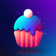 An app icon of  an image of a cupcake with cornflower blue and dark orchid and whitesmoke and bisque scheme color