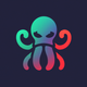 A AI-generated app icon of a kraken in light blue color and yellowish-green color and pinkish purple color and dark green color color scheme