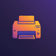 An app icon of  an image of printer with tangerine and dark orange and periwinkle and eggplant scheme color