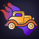 A AI-generated app icon of a hot rod in sage color and yellow-orange color and white color and tiffany blue color color scheme