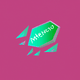 A AI-generated app icon of a meteoroid in lime green , medium slate blue , pink , peach color scheme