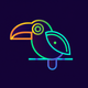 A AI-generated app icon of a toucan in aqua blue color and beige color and lime color and mahogany color color scheme