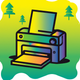 A AI-generated app icon of a printer in dark green color and greenish-blue color and golden yellow color and bright orange color color scheme